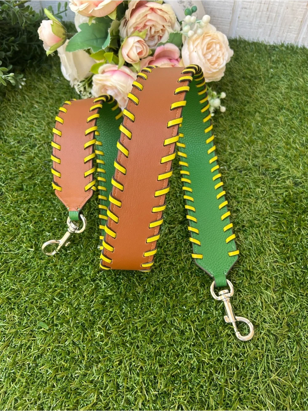 Leather Bag Strap in Brown and Green with Yellow Accents STRAP ONLY